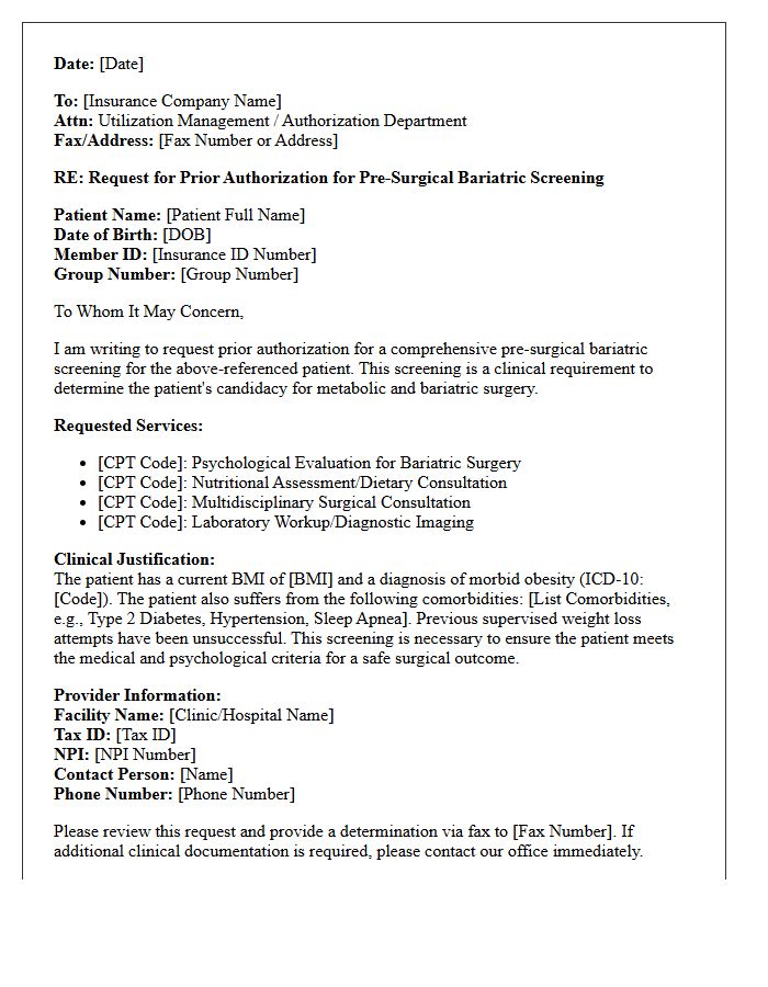 Letter of Authorization Request for Pre-Surgical Bariatric Screening