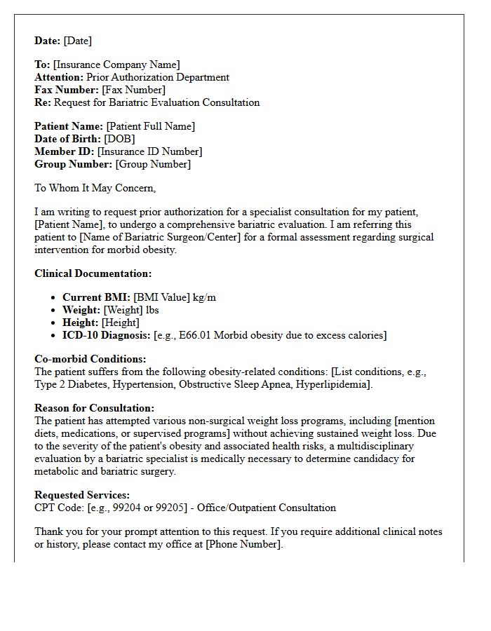 Specialist Consultation Prior Authorization Letter for Bariatric Evaluation