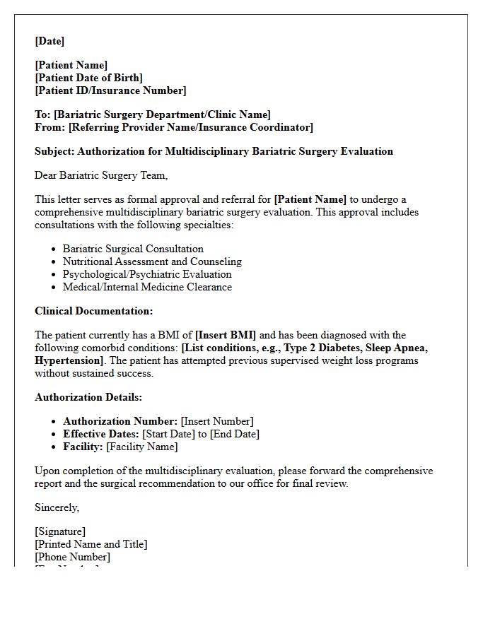 Letter for Multidisciplinary Bariatric Surgery Evaluation Approval