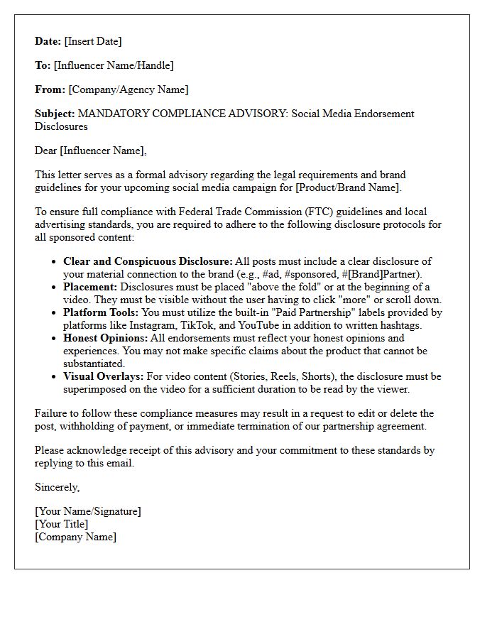 Social Media Campaign Influencer Marketing Endorsement Compliance Advisory Letter