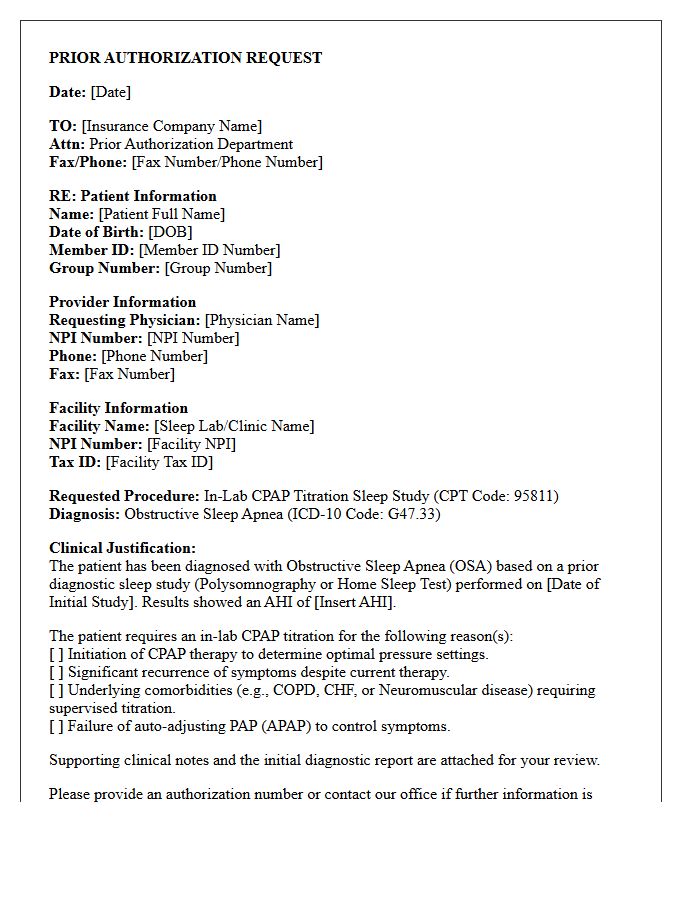 Prior Authorization Request Letter for CPAP Titration Sleep Study