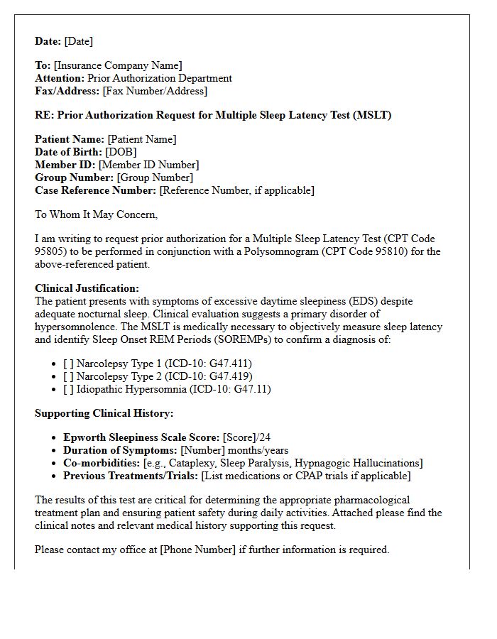 Multiple Sleep Latency Test Prior Authorization Request Letter