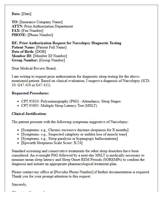 Prior Authorization Request Letter for Suspected Narcolepsy Diagnostics