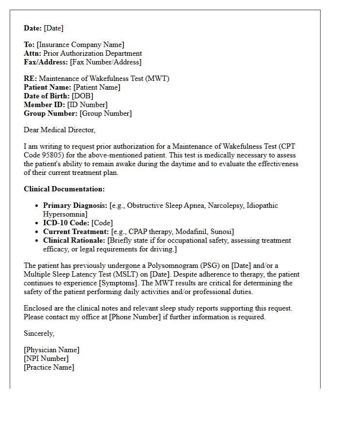 Maintenance of Wakefulness Test Prior Authorization Request Letter