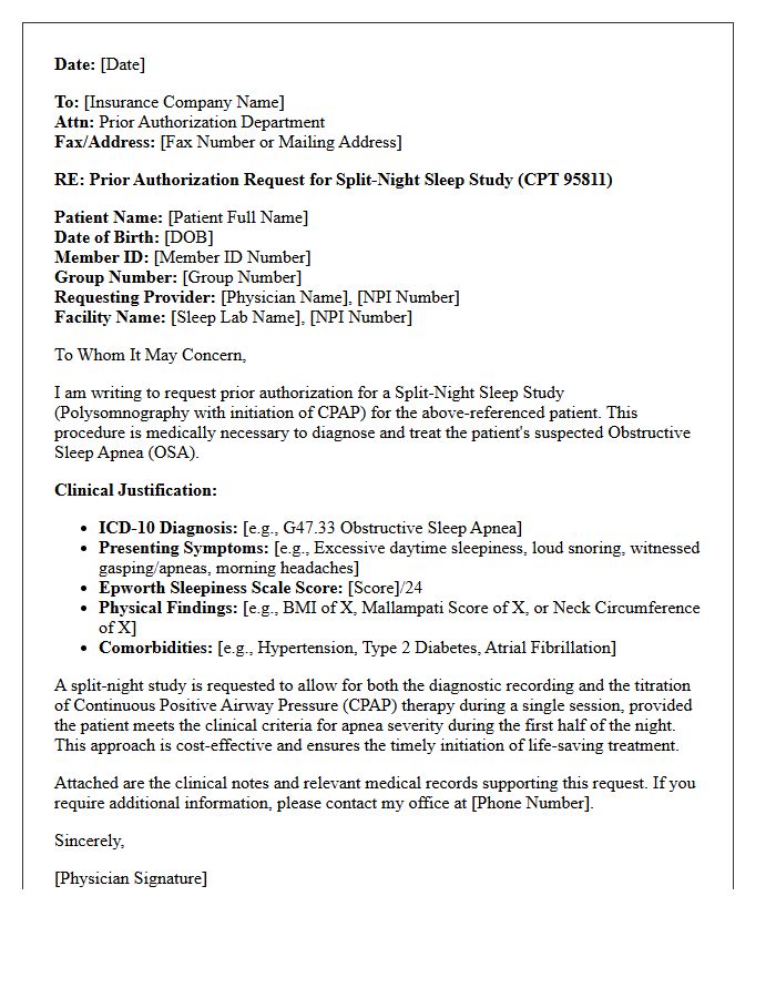 Prior Authorization Request Letter for Split-Night Sleep Study