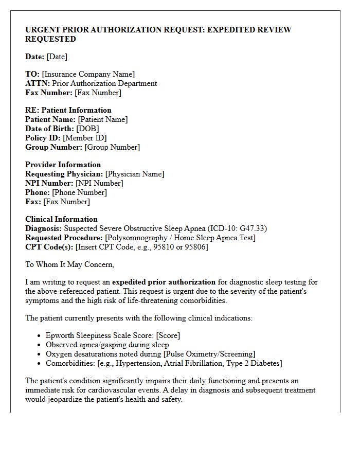 Urgent Prior Authorization Request Letter for Severe Sleep Apnea Diagnostics