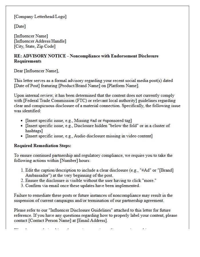 Noncompliance Remediation Influencer Marketing Endorsement Advisory Letter