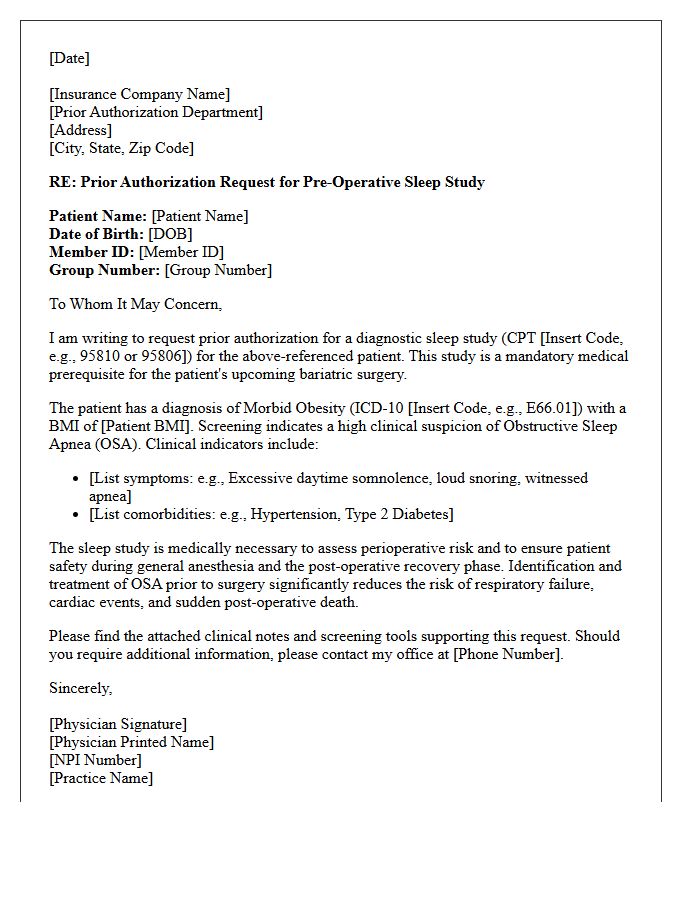 Pre-Operative Bariatric Sleep Study Prior Authorization Request Letter