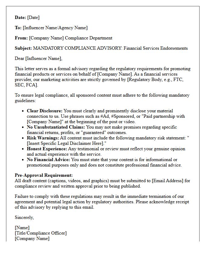 Financial Services Influencer Marketing Endorsement Compliance Advisory Letter