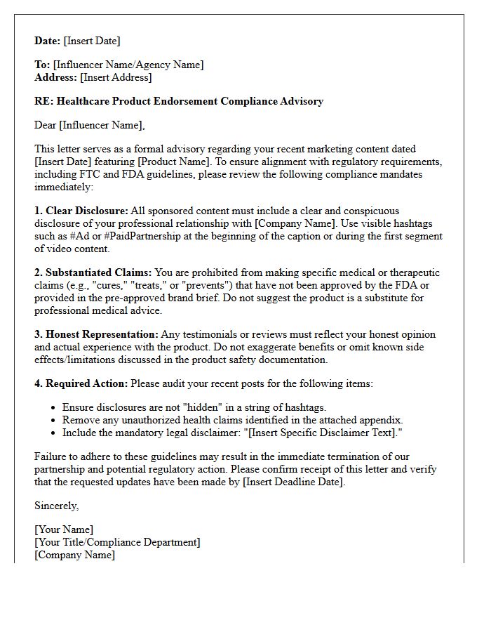 Healthcare Product Influencer Marketing Endorsement Compliance Advisory Letter