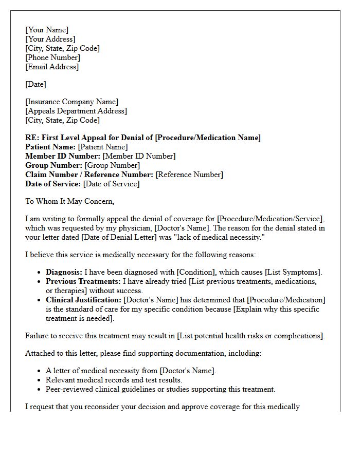 First Level Appeal Letter for Lack of Medical Necessity