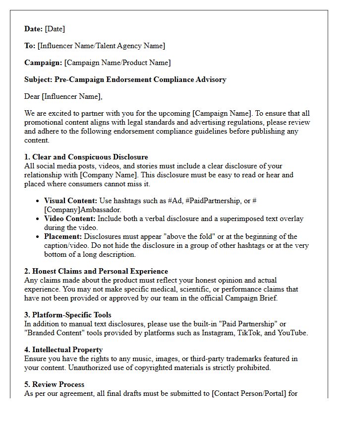 Pre-Campaign Influencer Marketing Endorsement Compliance Advisory Letter