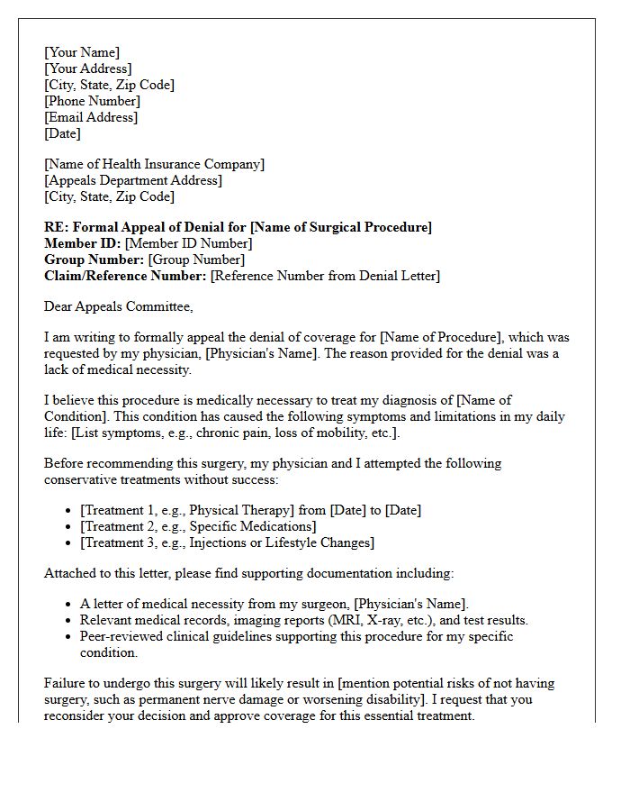 Surgical Procedure Appeal Letter for Lack of Medical Necessity