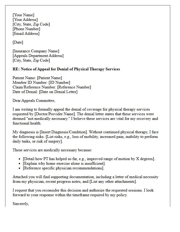 Physical Therapy Appeal Letter for Lack of Medical Necessity