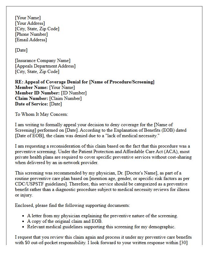 Preventive Screening Appeal Letter for Lack of Medical Necessity
