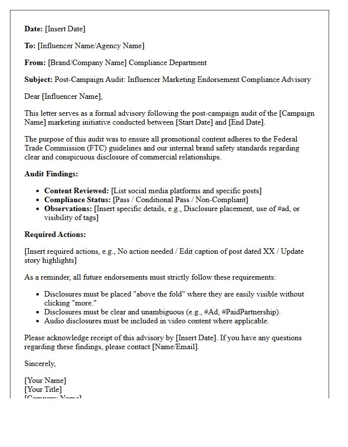 Post-Campaign Audit Influencer Marketing Endorsement Compliance Advisory Letter