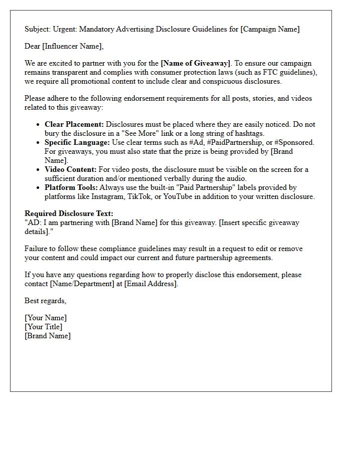 Promotional Giveaway Influencer Marketing Endorsement Compliance Advisory Letter