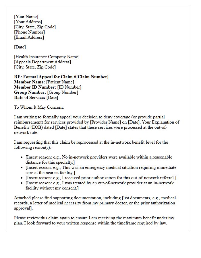 Initial Appeal Letter for Out-of-Network Provider Services