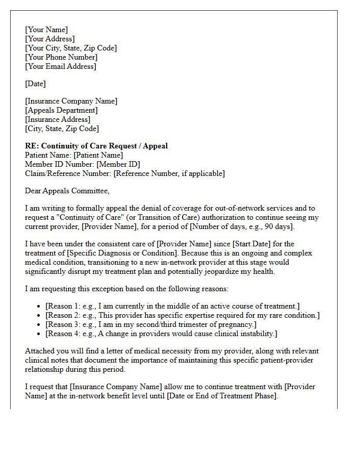 Continuity of Care Appeal Letter for Out-of-Network Provider