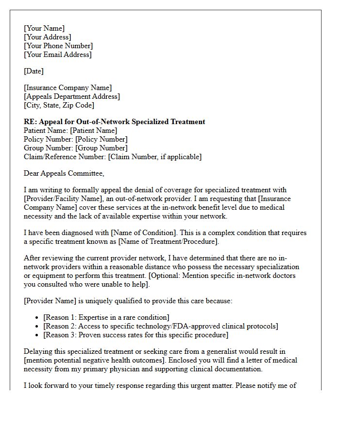 Specialized Treatment Appeal Letter for Out-of-Network Medical Services