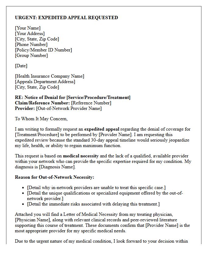 Expedited Medical Necessity Appeal Letter for Out-of-Network Provider