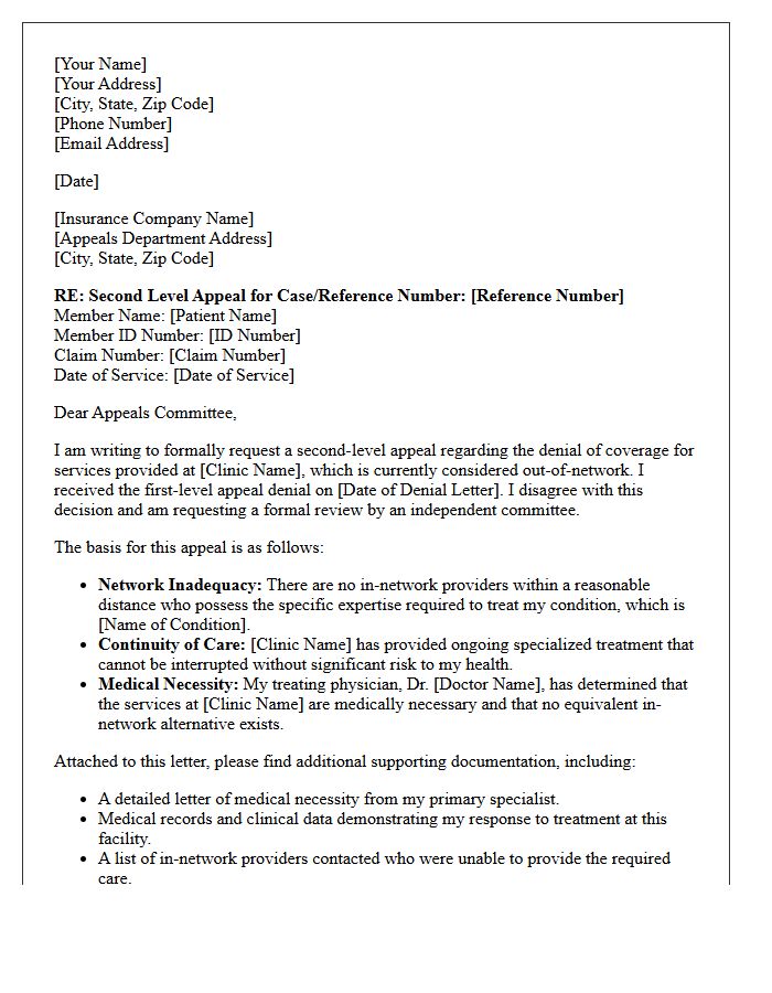 Second Level Appeal Letter for Out-of-Network Clinic Coverage