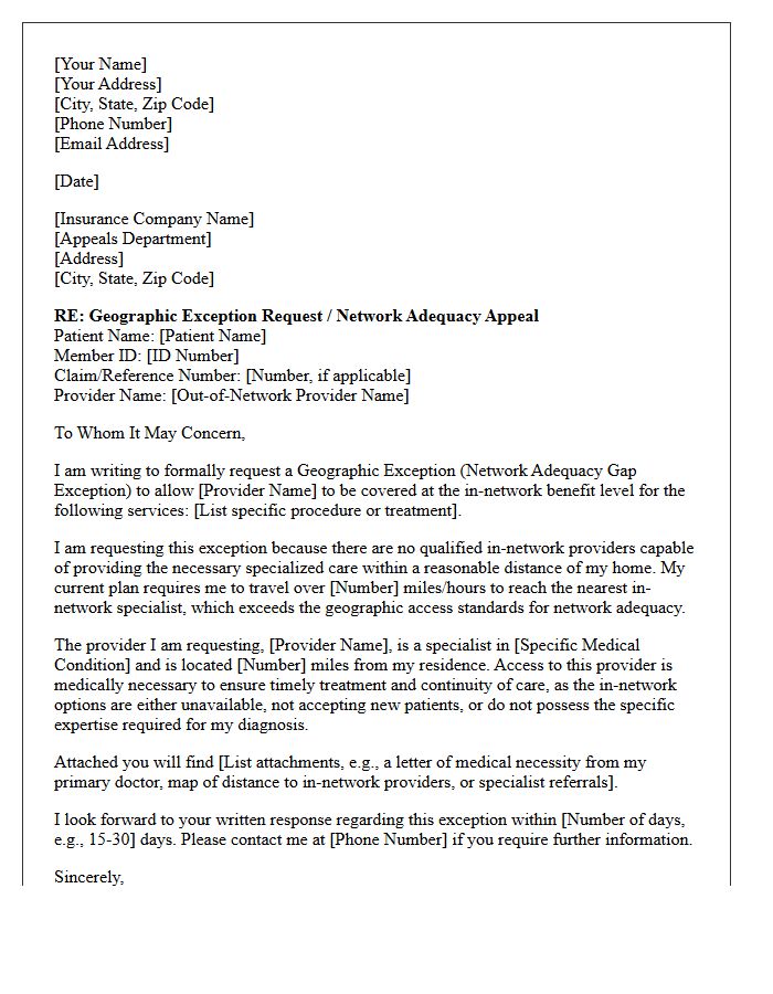 Geographic Exception Appeal Letter for Out-of-Network Provider Services