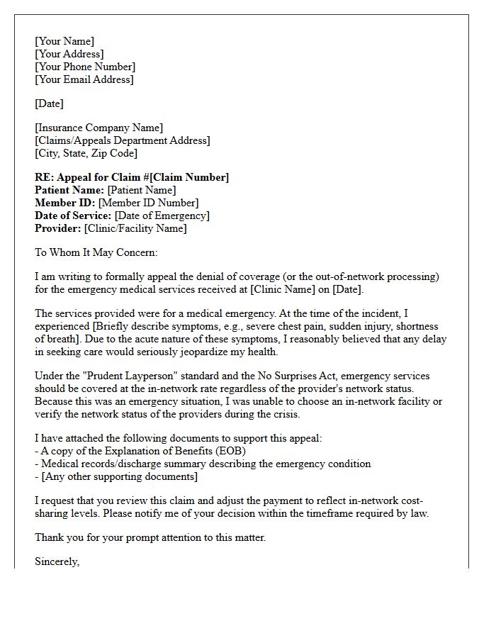 Emergency Services Appeal Letter for Out-of-Network Medical Clinic