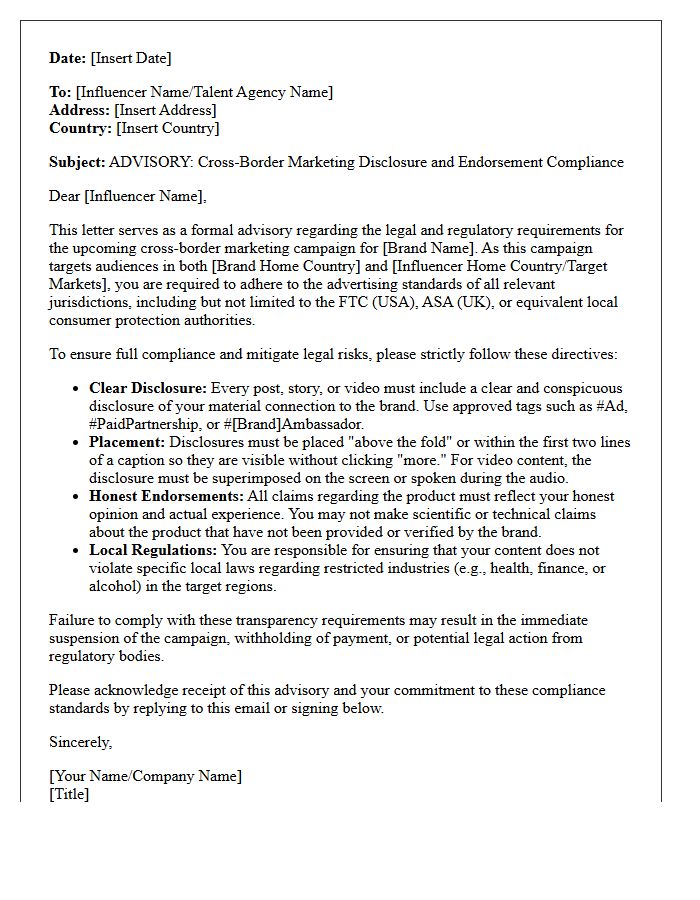 Cross-Border Influencer Marketing Endorsement Compliance Advisory Letter