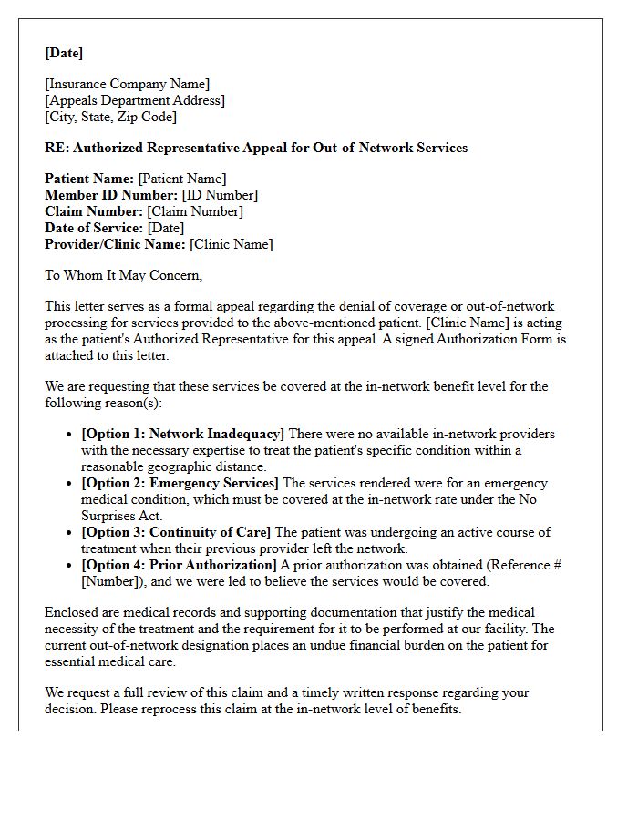 Medical Clinic Authorized Representative Appeal Letter for Out-of-Network Services
