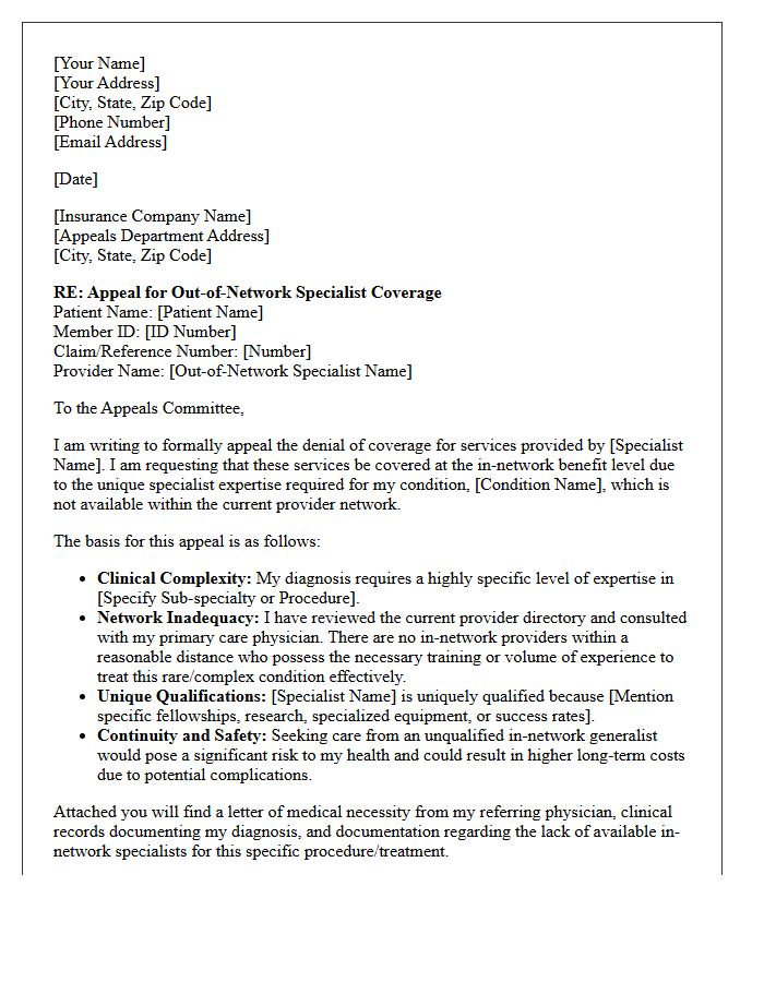 Unique Specialist Expertise Appeal Letter for Out-of-Network Provider Services