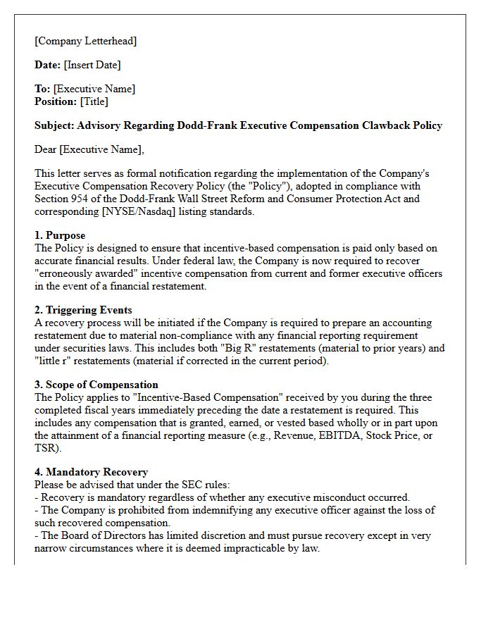 Advisory Letter Regarding Dodd-Frank Executive Compensation Clawback Rules