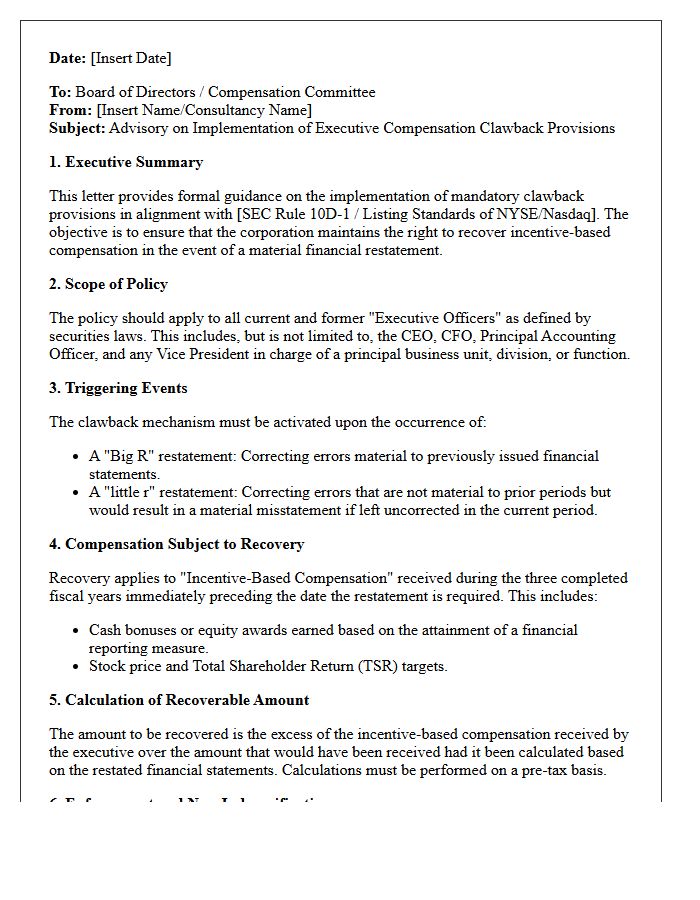 Board Advisory Letter on Executive Compensation Clawback Provision Implementation