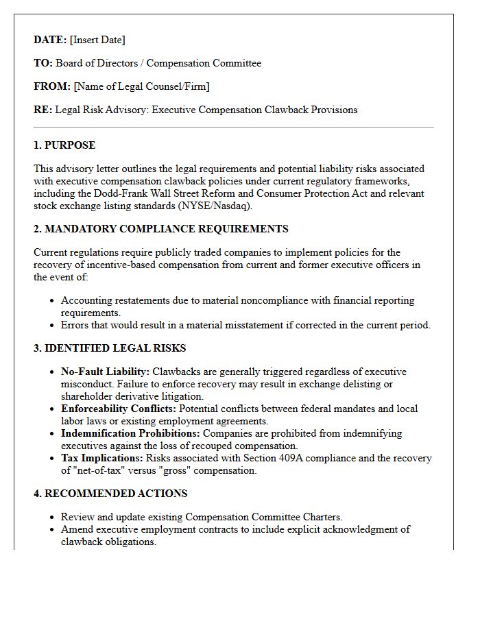 Executive Compensation Clawback Provision Legal Risk Advisory Letter