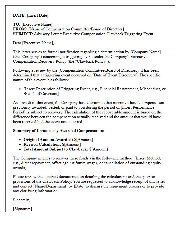 Advisory Letter Concerning Executive Compensation Clawback Triggering Events