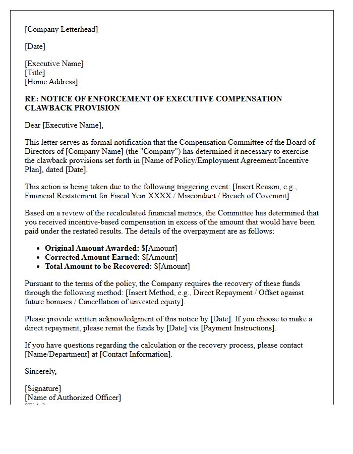 Enforcement of Executive Compensation Clawback Provision Advisory Letter