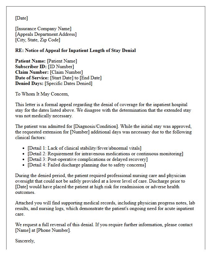 Medical Necessity Appeal Letter for Inpatient Length of Stay Denial