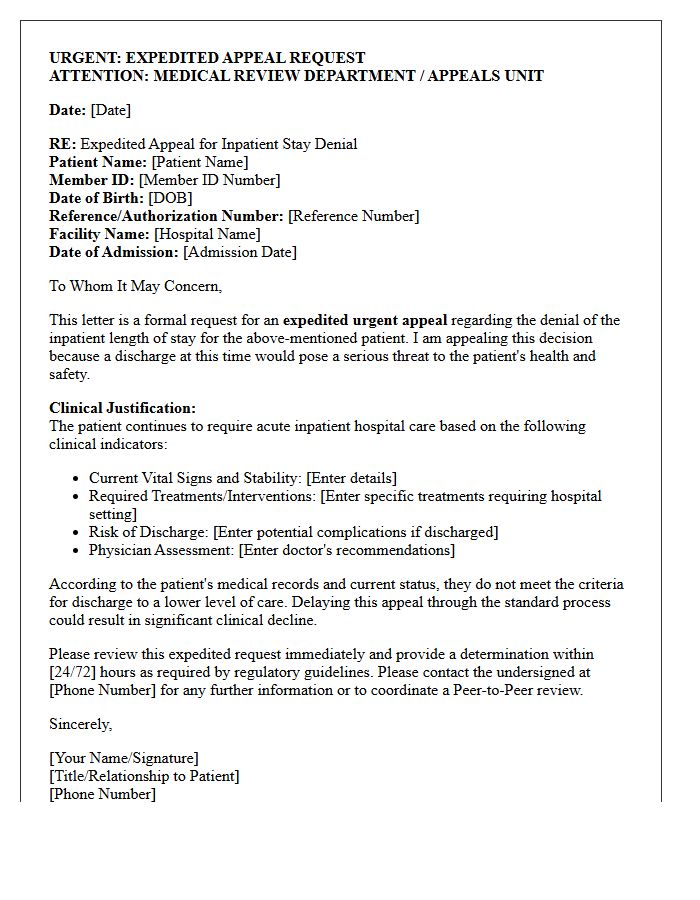 Expedited Urgent Appeal Letter for Inpatient Length of Stay Denial