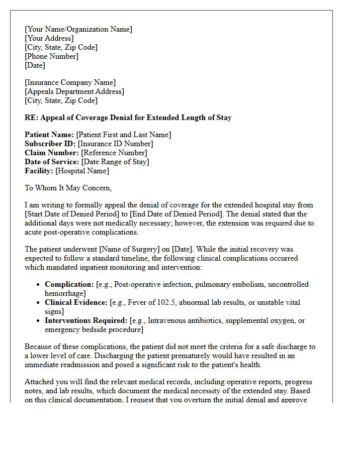 Post-Operative Complication Appeal Letter for Extended Length of Stay Denial