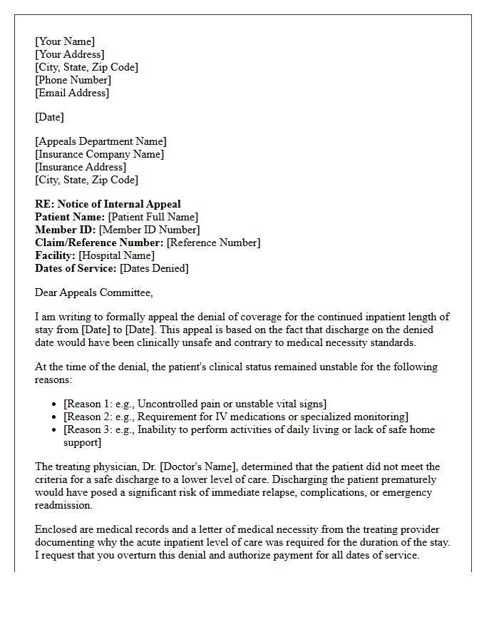Unsafe Discharge Condition Appeal Letter for Inpatient Length of Stay Denial