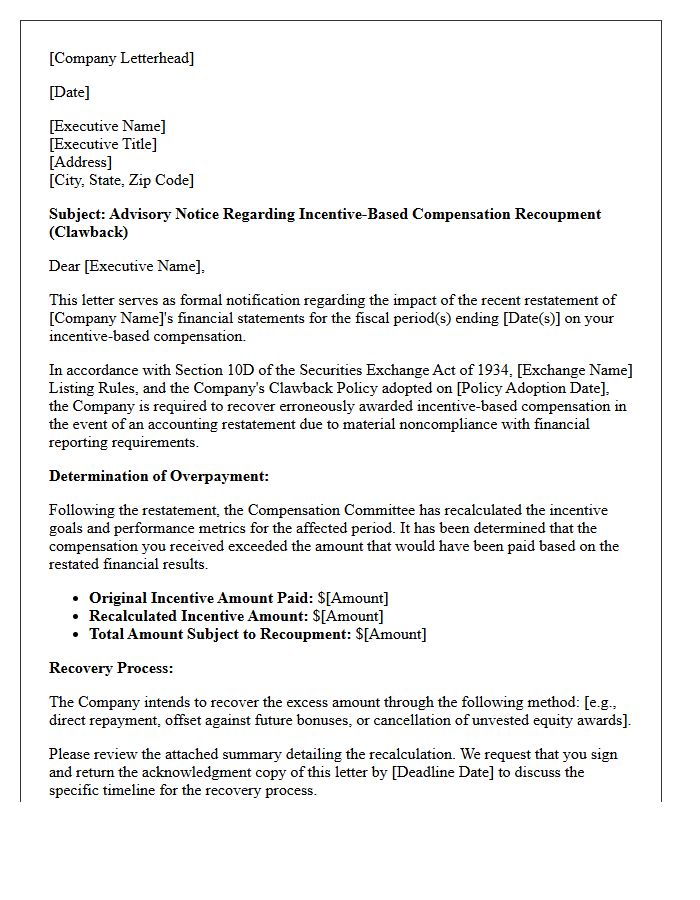 Post-Restatement Executive Compensation Clawback Provision Advisory Letter