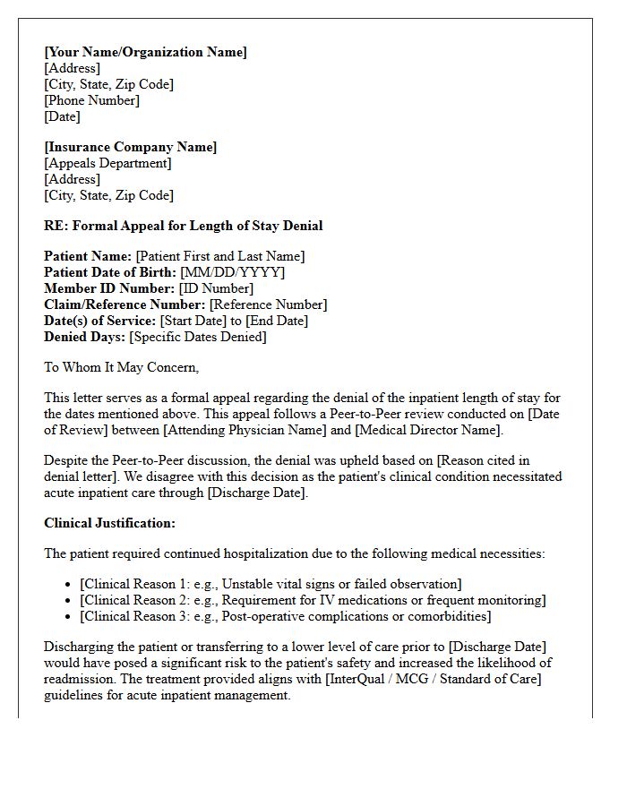 Peer-to-Peer Review Follow-Up Appeal Letter for Length of Stay Denial