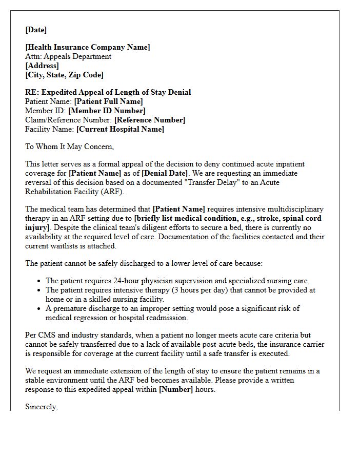Acute Rehabilitation Transfer Delay Appeal Letter for Length of Stay Denial