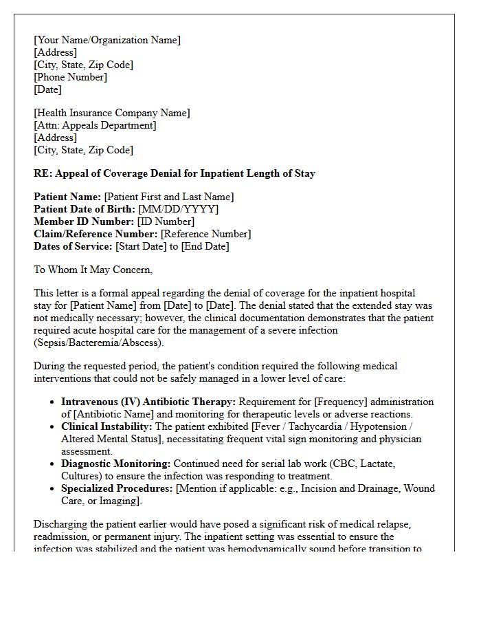 Severe Infection Management Appeal Letter for Inpatient Length of Stay Denial