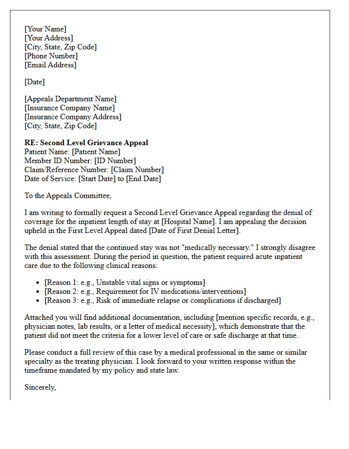 Second Level Grievance Appeal Letter for Inpatient Length of Stay Denial