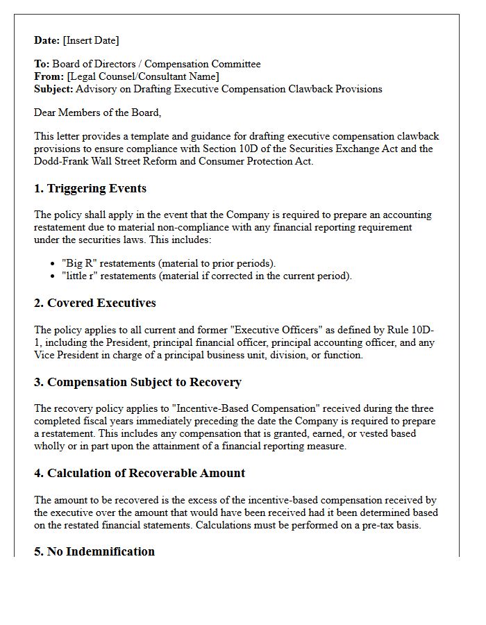 Advisory Letter on Drafting Executive Compensation Clawback Provisions