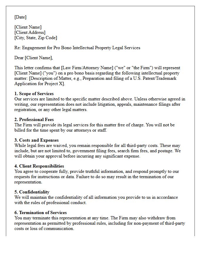 Pro Bono Intellectual Property Prosecution Engagement Letter