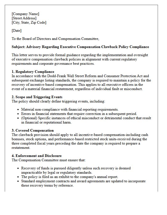 Corporate Governance Advisory Letter on Executive Compensation Clawback Policies
