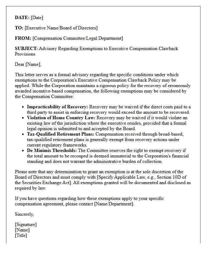 Advisory Letter Regarding Executive Compensation Clawback Provision Exemptions