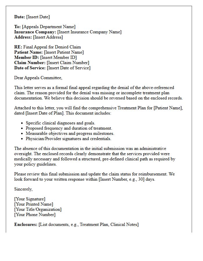 Final Appeal Letter for Missing Treatment Plan Documentation